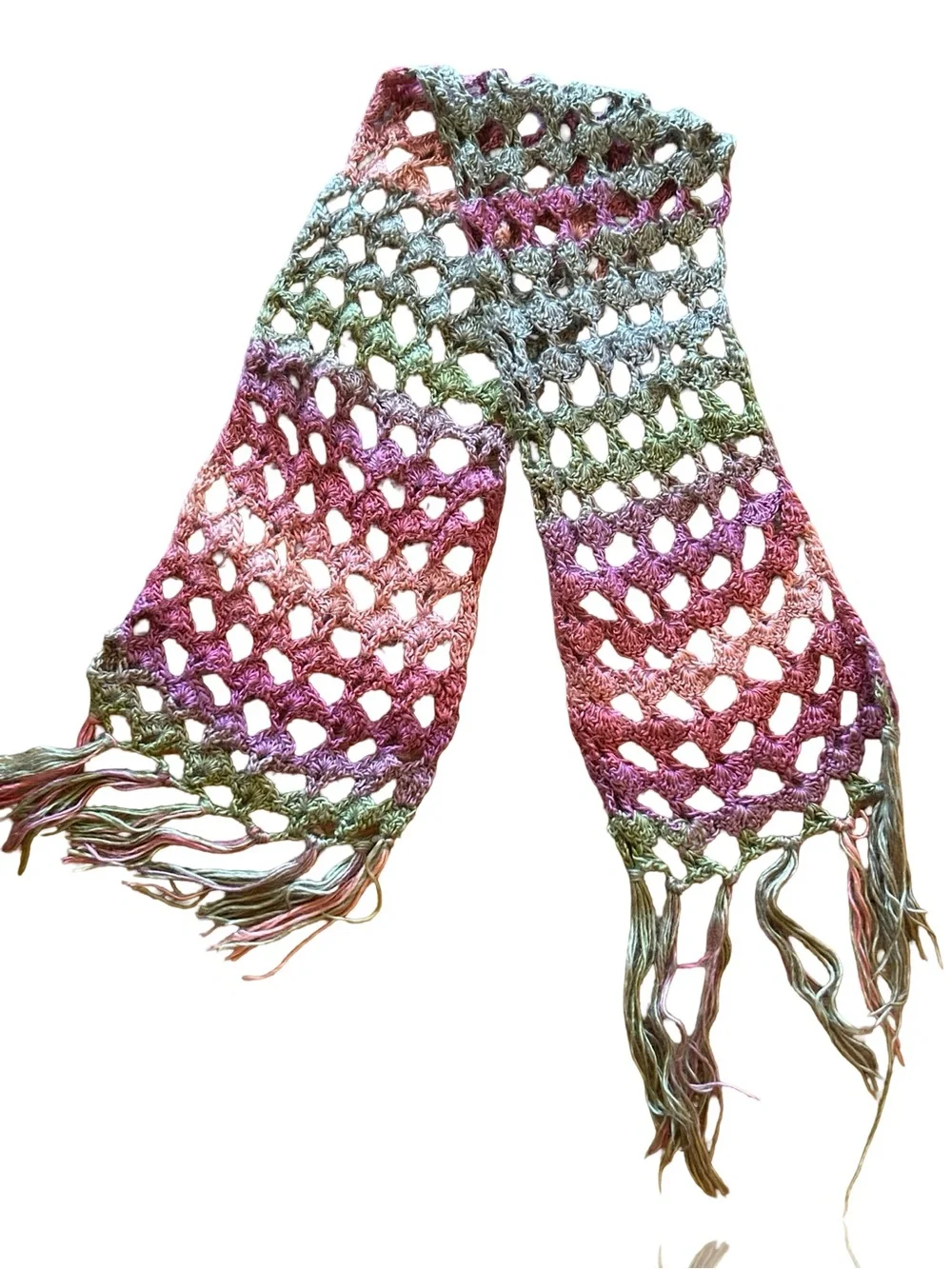Handmade Multicolor Crochet Open-Weave Fringe Scarf - Women Accessories